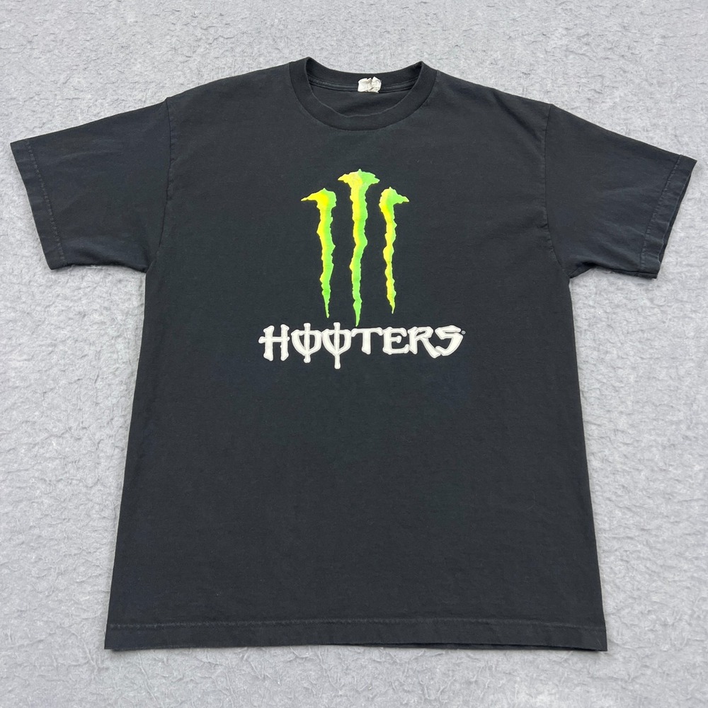 Monster Energy Drink x Hooters Shirt Men's Large Black Crew Graphic Logo‎ SS Tee